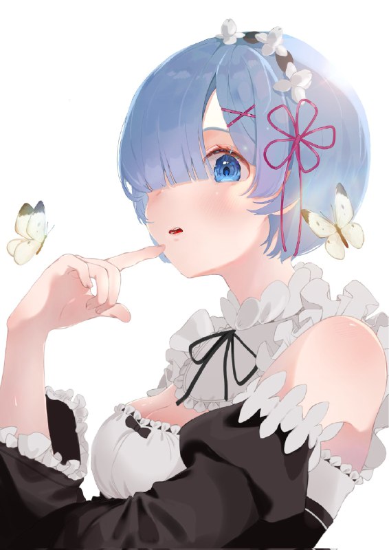 ka0636271, rem (re:zero), re:zero kara hajimeru isekai seikatsu, highres, 1girl, blue eyes, blue hair, bug, butterfly, detached…